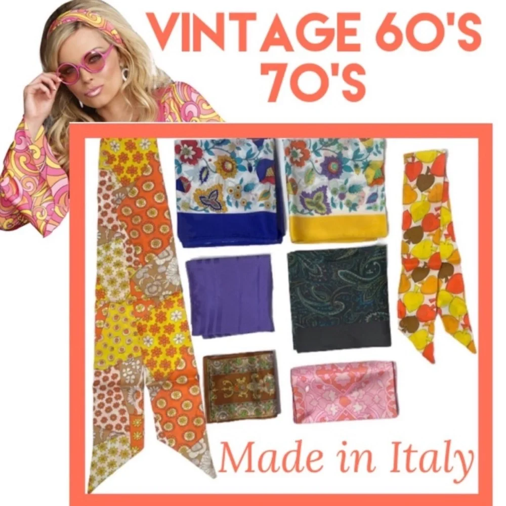 Vintage Italian 60’s 70’s Scarves Hair Tie Lot Made in Italy Vintage Silk Scarf
